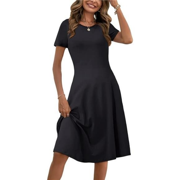 Women Casual Summer Short Sleeve Round Neck Floral Skater Dress with Pockets - Picture 3 of 6